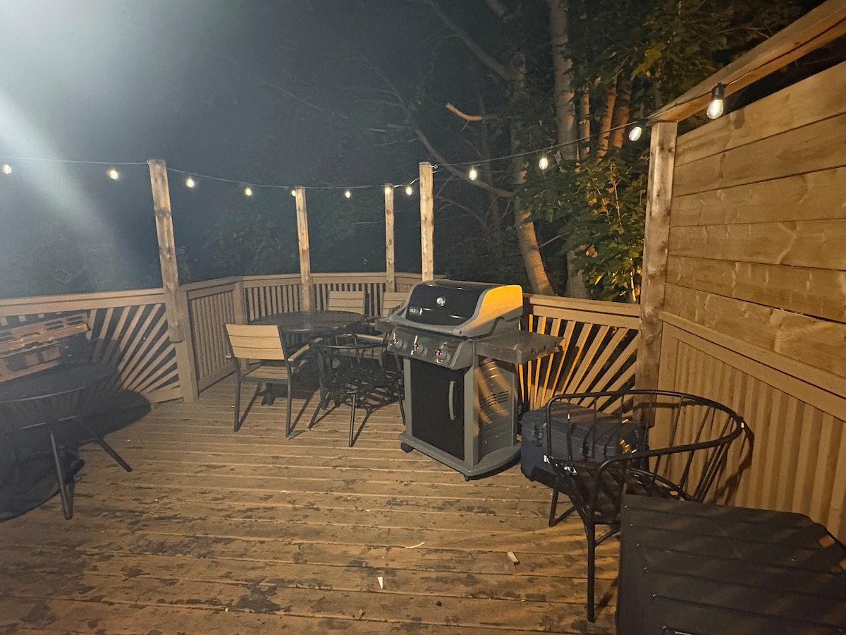 The LaCour House back deck at night